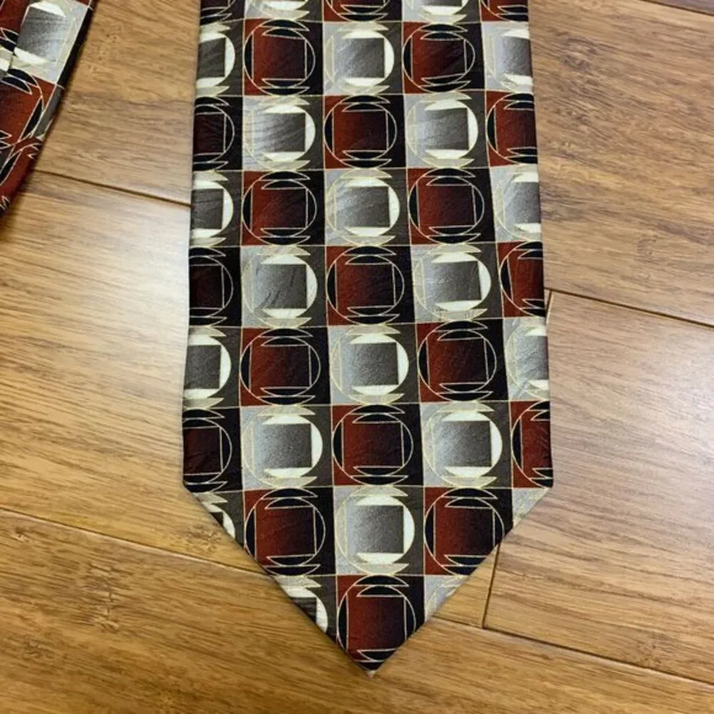 Di Moggio Men's Geometric Square Pattern Silk Neck Tie‎ Brown Metallic Designer